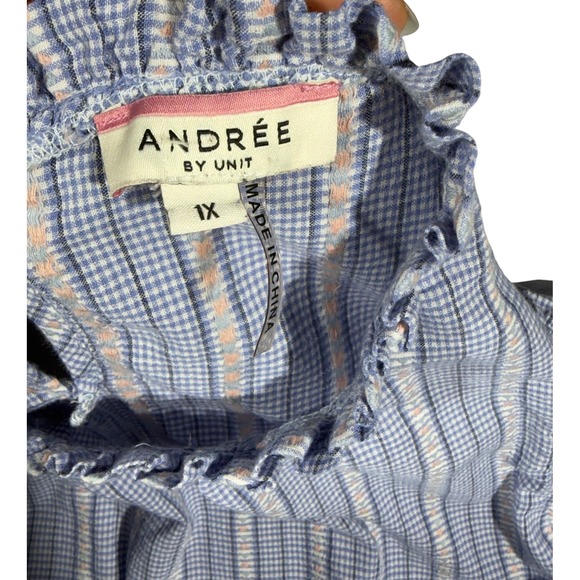 Andree by Unit Womens 1X Blue Gingham Ruffle Sleeveless Blouse PT10050 - Picture 5 of 6